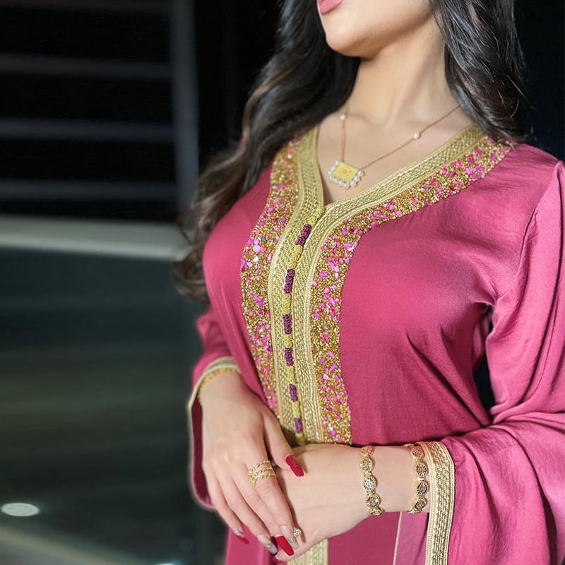 Women's Dress Ironing Diamond Ribbon Lace Abaya Dubai Muslim Fashion Robe
