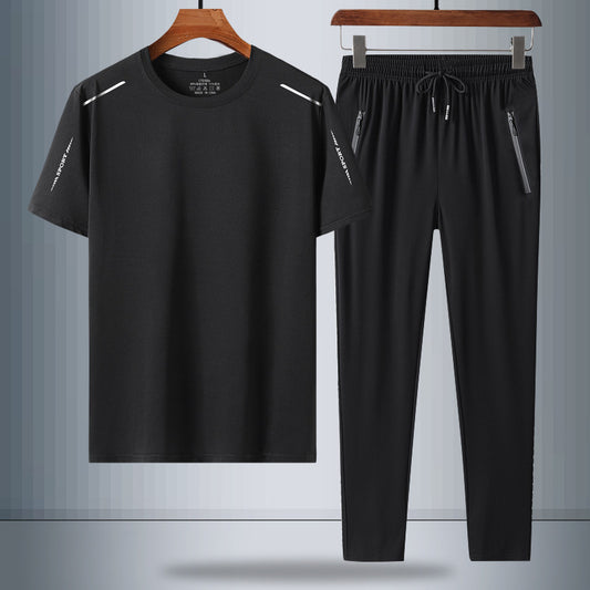Summer Men's Ice Silk Quick-drying T-shirt And Trousers Two-piece Suit