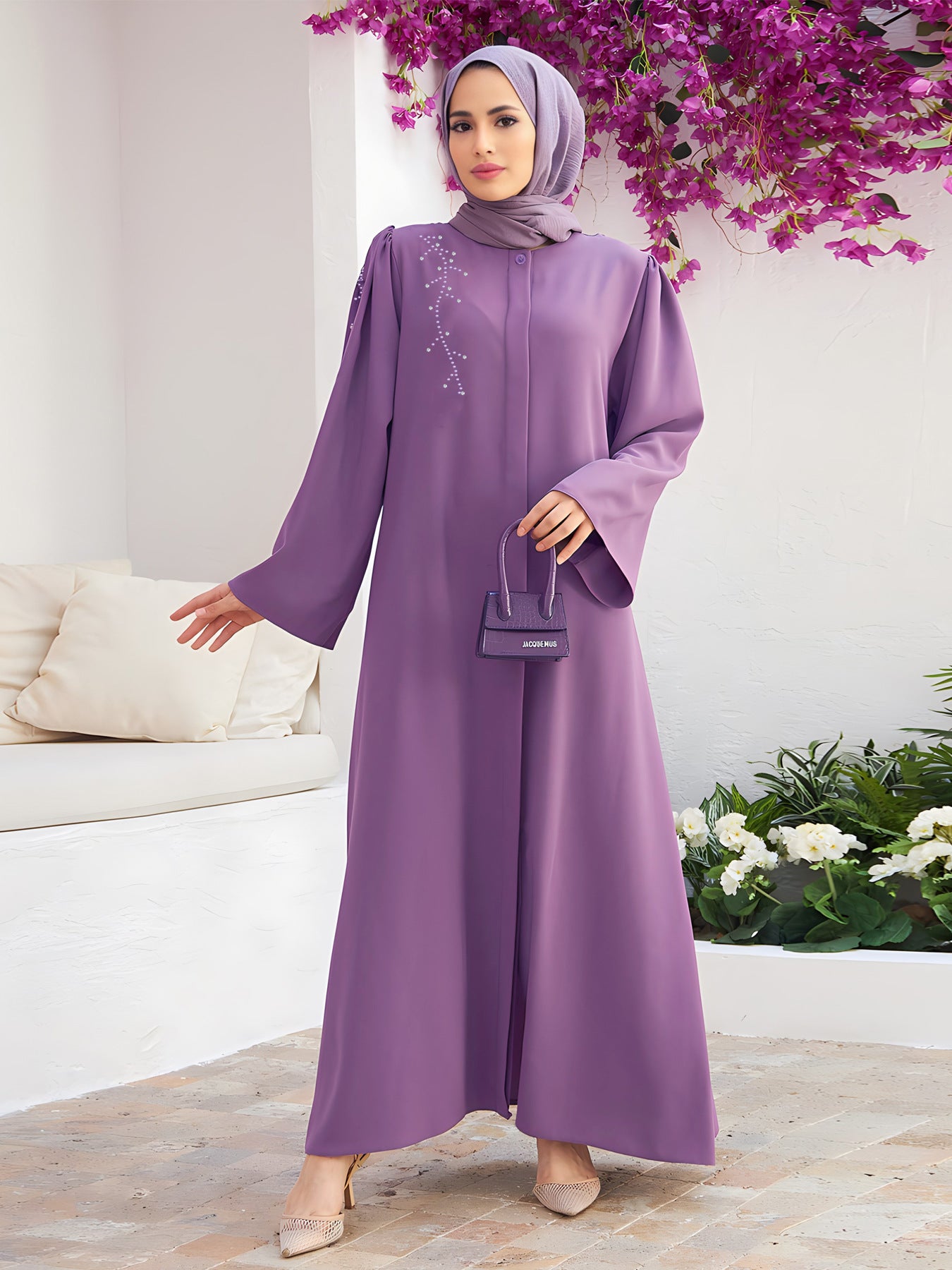 Elegant Beaded Cardigan Dress Long Skirt With Belt, Without Headscarf