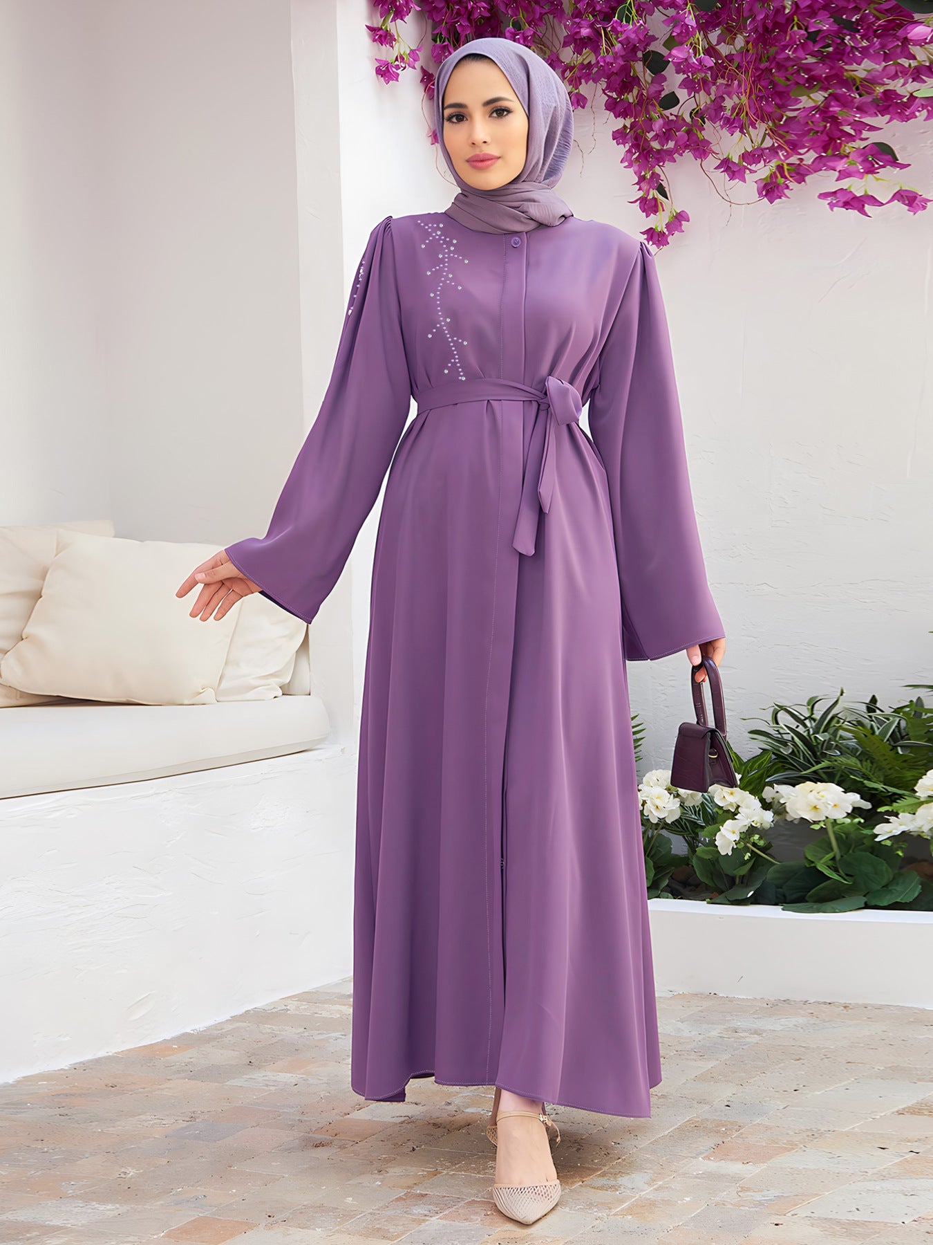 Elegant Beaded Cardigan Dress Long Skirt With Belt, Without Headscarf