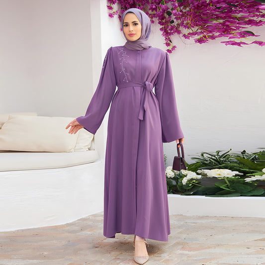 Elegant Beaded Cardigan Dress Long Skirt With Belt, Without Headscarf