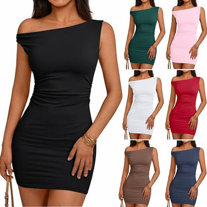 Women's Off-the-shoulder Neckline Waist Pleating Sleeveless Sheath Dress