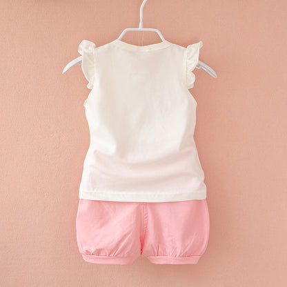 Korean Style Children&#039;s Wear Summer Wear Girl&#039;s Summer Cartoon Flower Vest Set Baby Girl&#039;s Shorts Two-Piece Fashionable Set For 0-4 Years Old