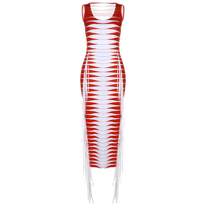 Sleeveless Printed Tassel High Waist Slim Long Dress