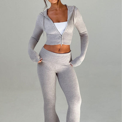 Spring 2025 New European And American Cross-border Solid Color Slim-fit Short Hooded Top Casual Pants Suit Two-piece Set For Women