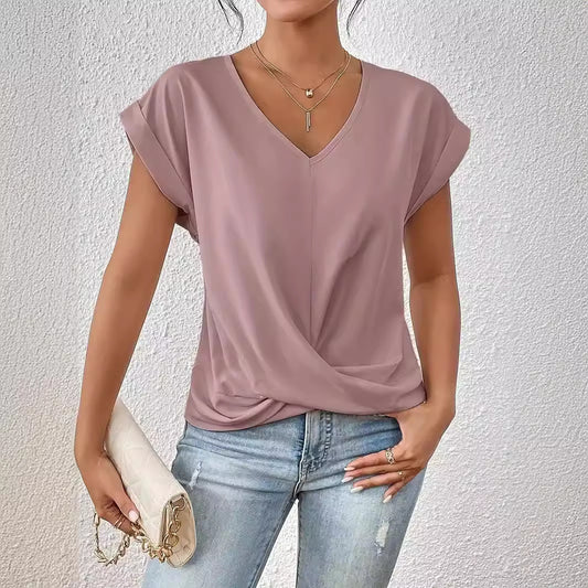 Solid Color V-neck T-shirt Elegant Short Sleeve Jacket Spring And Summer Women&#039;s Clothing Amazon Cross-border