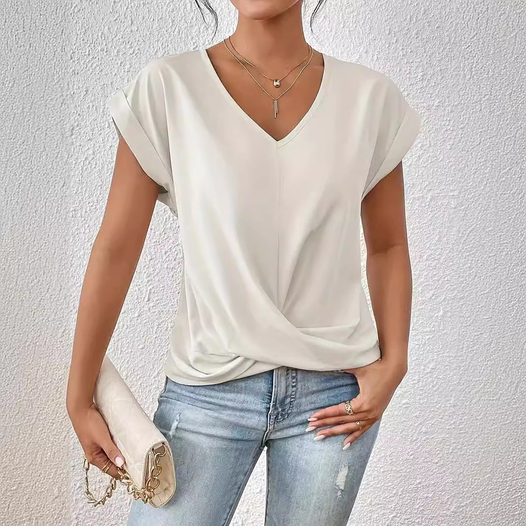 Solid Color V-neck T-shirt Elegant Short Sleeve Jacket Spring And Summer Women&#039;s Clothing Amazon Cross-border