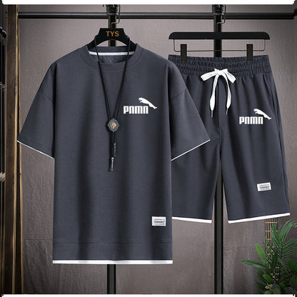 Waffle Short Sleeve T-shirt Men's Casual Sports Suit Wholesale Summer Loose Fake Two-piece Half Sleeve T-shirt Two-piece Set