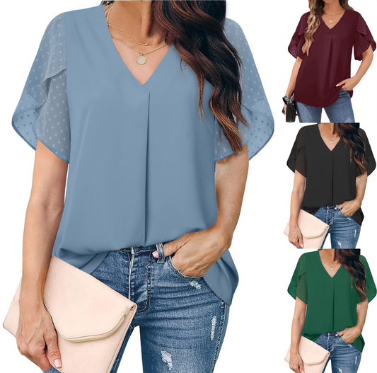 Europe And The United States V-neck Petal Sleeve Stitching Casual Short Sleeve Loose Chiffon Shirt Top