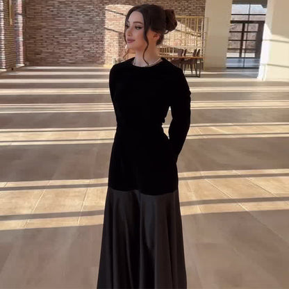 Autumn 2024 New European And American Cross-border Amazon Cross-border Women&#039;s Crewneck Contrast Velvet Stitching Fake Two-piece Long Dress
