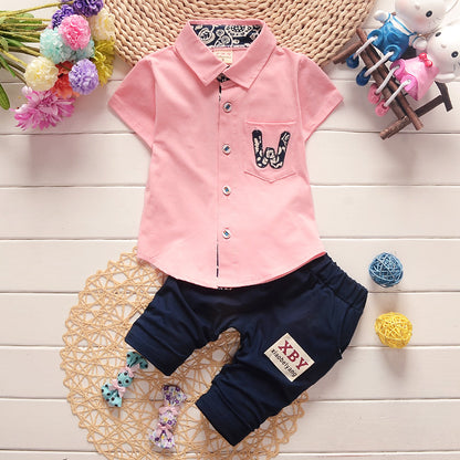 Korean Version Of 1-4 Years Old Children&amp;#039;s Clothing Baby Children&amp;#039;s Summer Two-piece Suit Boy&amp;#039;s Suit Cotton Children&amp;#039;s Short-sleeved Shirt Children&amp;#039;s Suit Tide