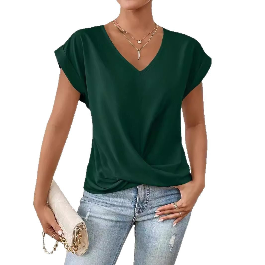 Solid Color V-neck T-shirt Elegant Short Sleeve Jacket Spring And Summer Women&#039;s Clothing Amazon Cross-border