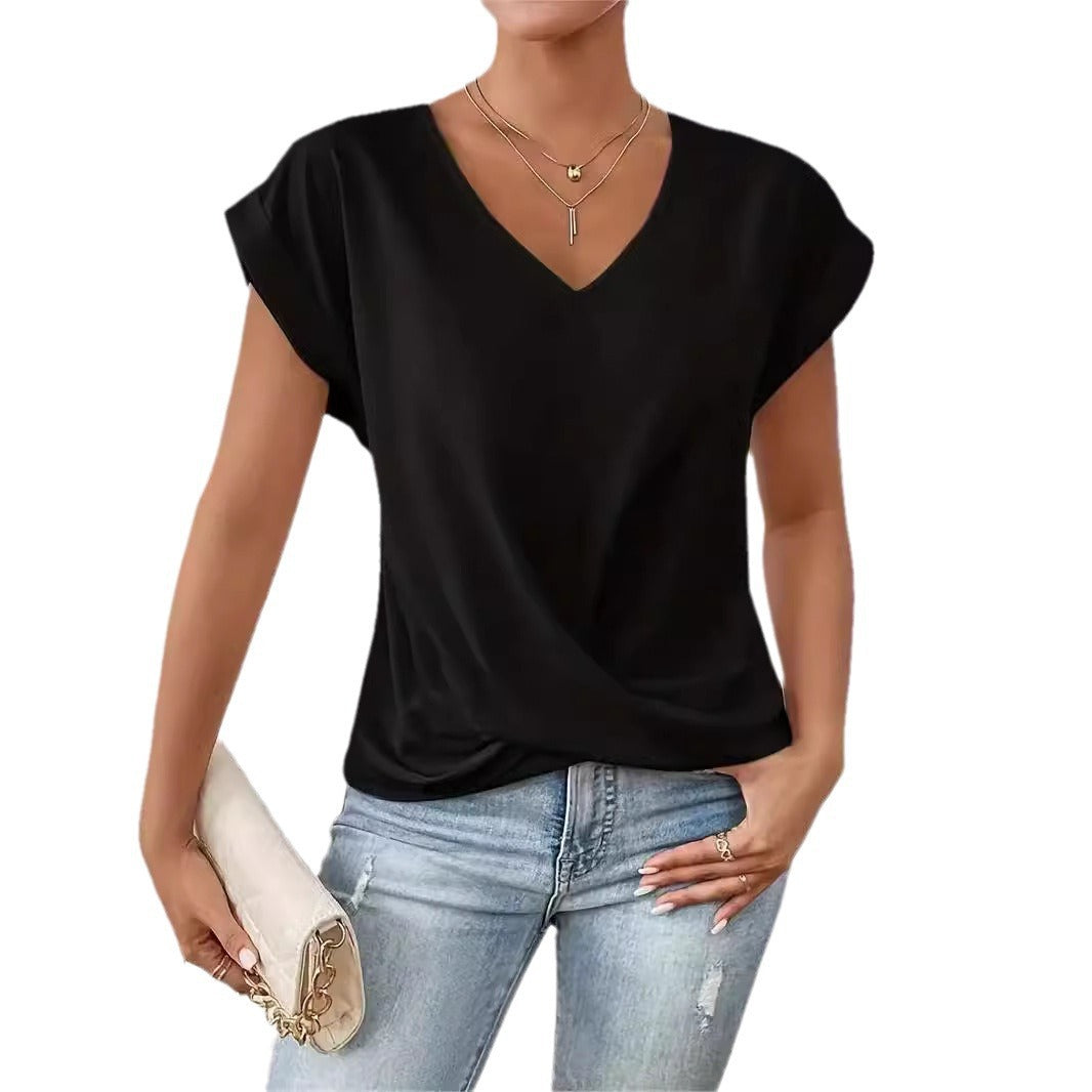 Solid Color V-neck T-shirt Elegant Short Sleeve Jacket Spring And Summer Women&#039;s Clothing Amazon Cross-border