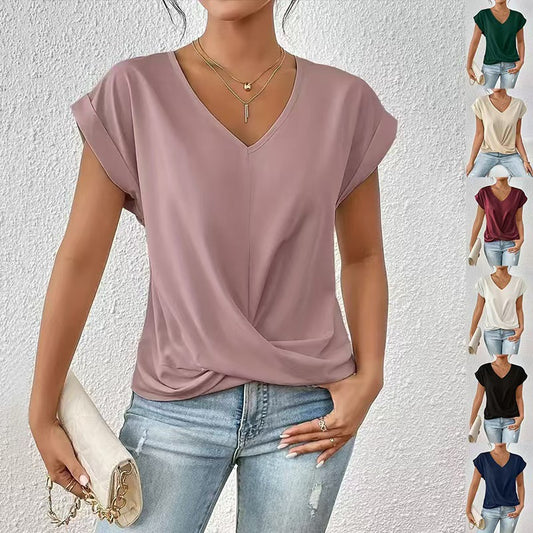 Solid Color V-neck T-shirt Elegant Short Sleeve Jacket Spring And Summer Women&#039;s Clothing Amazon Cross-border