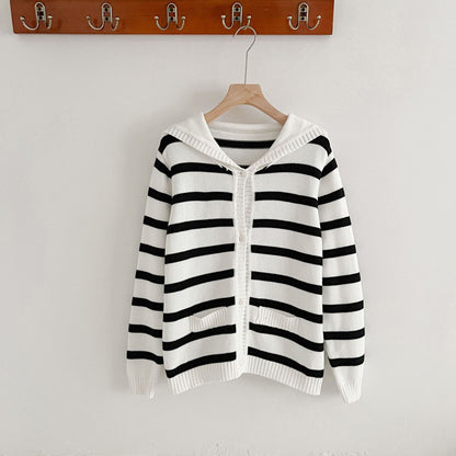 Korean Style Autumn Baby Boys&#039; Romper Fashionable Loose Navy Collar Knitted Striped Romper For One Year Old