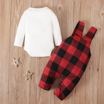 Men&#039;s And Children&#039;s European And American Spring And Autumn Long Sleeve Tie Top + Plaid Suspender Pants Two-Piece Children&#039;s Wear Ins