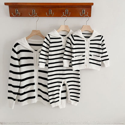 Korean Style Autumn Baby Boys&#039; Romper Fashionable Loose Navy Collar Knitted Striped Romper For One Year Old