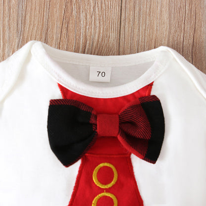 Men&#039;s And Children&#039;s European And American Spring And Autumn Long Sleeve Tie Top + Plaid Suspender Pants Two-Piece Children&#039;s Wear Ins