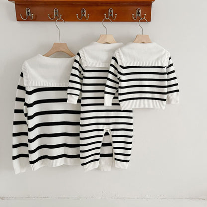 Korean Style Autumn Baby Boys&#039; Romper Fashionable Loose Navy Collar Knitted Striped Romper For One Year Old