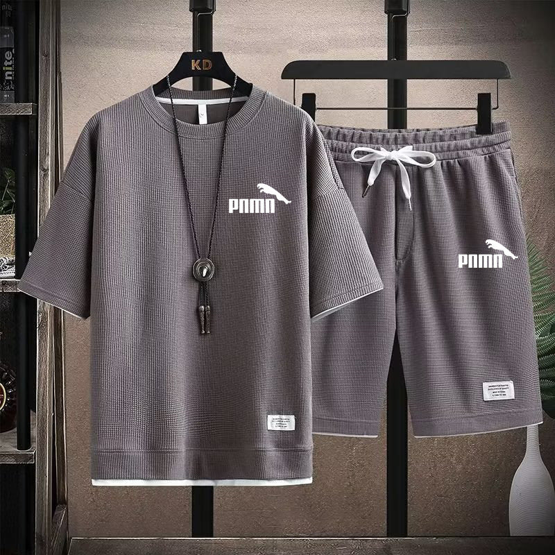 Waffle Short Sleeve T-shirt Men's Casual Sports Suit Wholesale Summer Loose Fake Two-piece Half Sleeve T-shirt Two-piece Set
