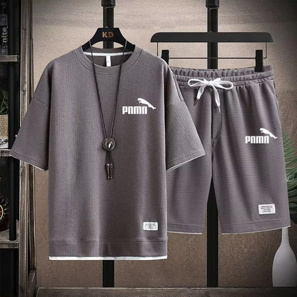 Waffle Short Sleeve T-shirt Men's Casual Sports Suit Wholesale Summer Loose Fake Two-piece Half Sleeve T-shirt Two-piece Set