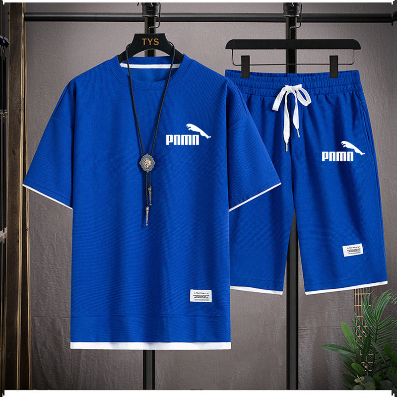 Waffle Short Sleeve T-shirt Men's Casual Sports Suit Wholesale Summer Loose Fake Two-piece Half Sleeve T-shirt Two-piece Set