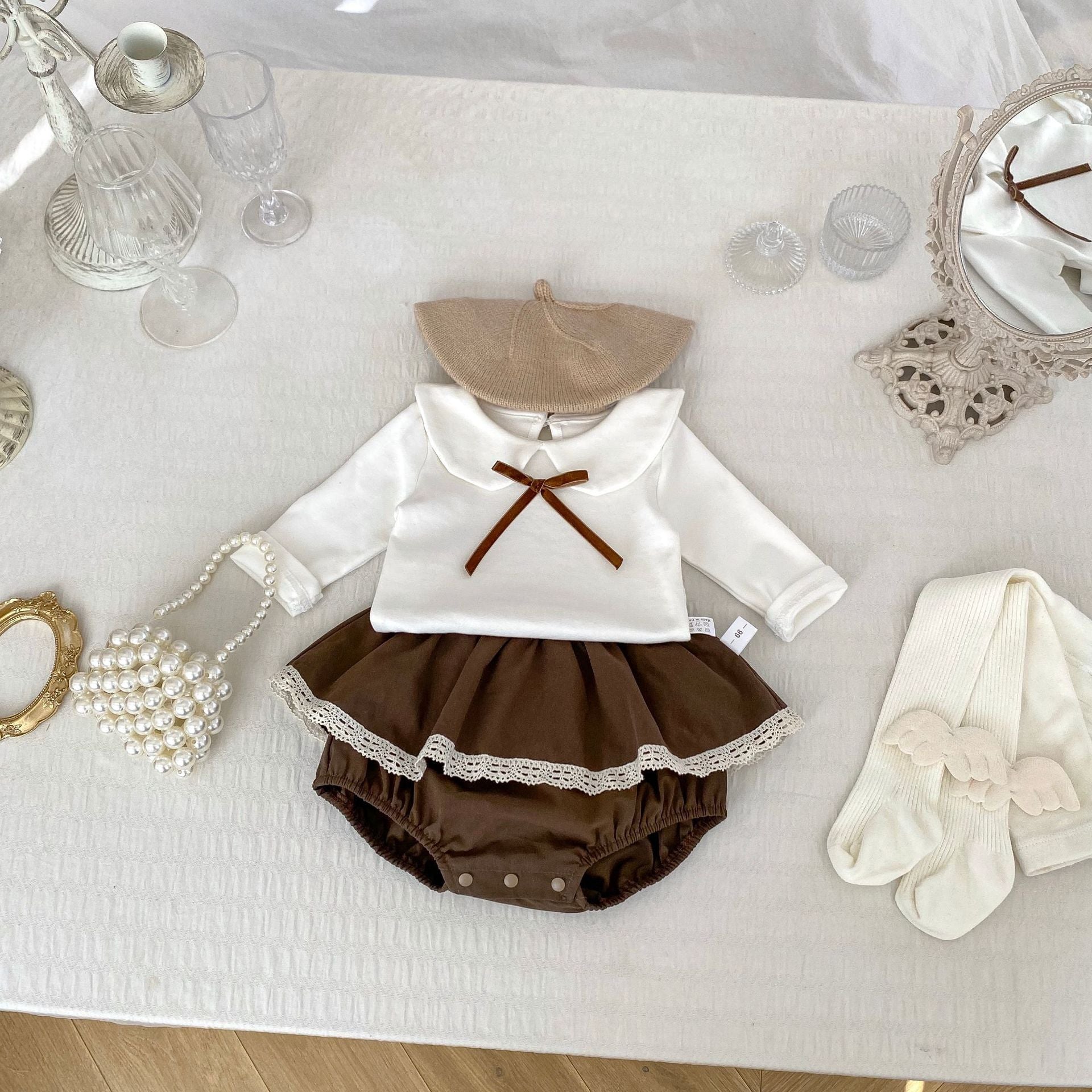 Korean-style Baby Clothes Autumn Baby Girl 1-3 Years Old Doll Collar Long-sleeved Top Lace Culottes Contrast Two-piece Set