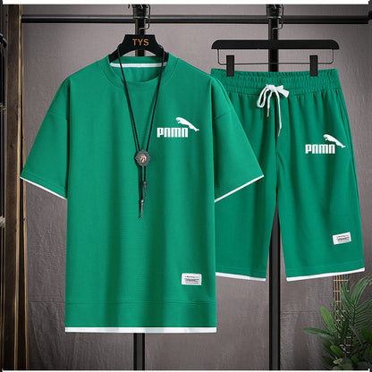 Waffle Short Sleeve T-shirt Men's Casual Sports Suit Wholesale Summer Loose Fake Two-piece Half Sleeve T-shirt Two-piece Set