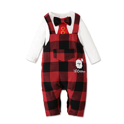 Men&#039;s And Children&#039;s European And American Spring And Autumn Long Sleeve Tie Top + Plaid Suspender Pants Two-Piece Children&#039;s Wear Ins