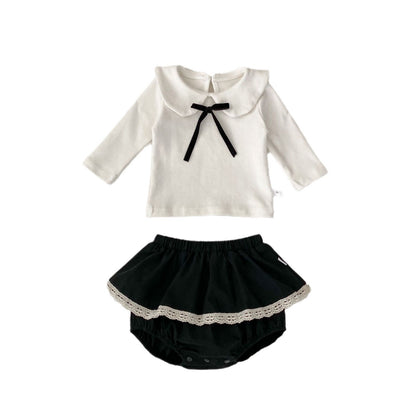 Korean-style Baby Clothes Autumn Baby Girl 1-3 Years Old Doll Collar Long-sleeved Top Lace Culottes Contrast Two-piece Set