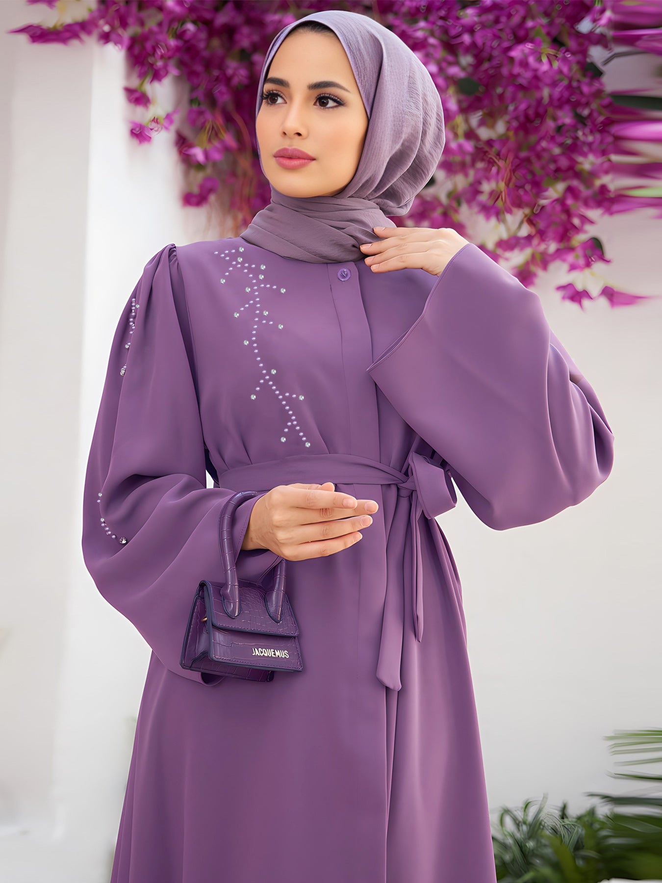 Elegant Beaded Cardigan Dress Long Skirt With Belt, Without Headscarf