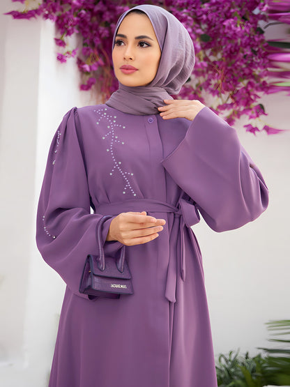 Elegant Beaded Cardigan Dress Long Skirt With Belt, Without Headscarf
