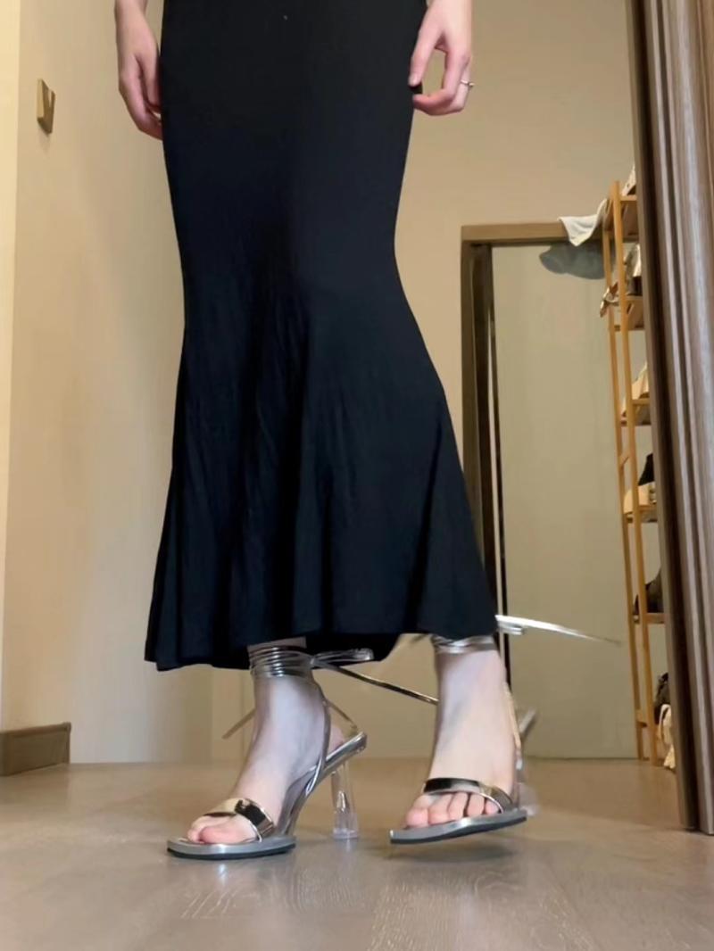 Niche Design Silver High Heels Transparent Stiletto Heel Roman Strap Elegant Sandals
